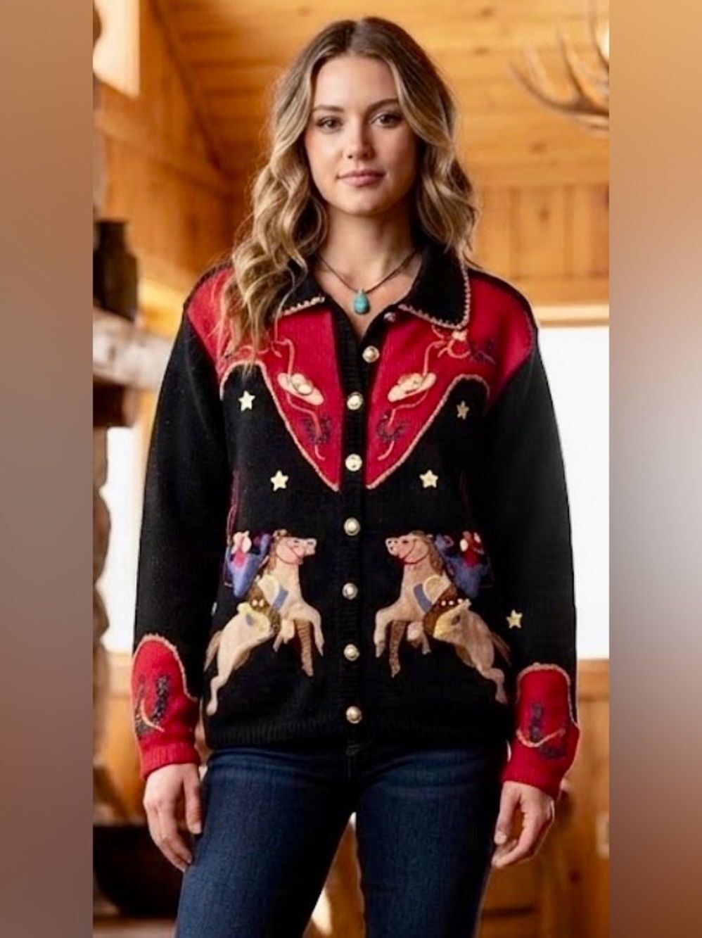 Tiara Vintage Black Red Western Horse Gold Buttons Embroidered Cardigan XL